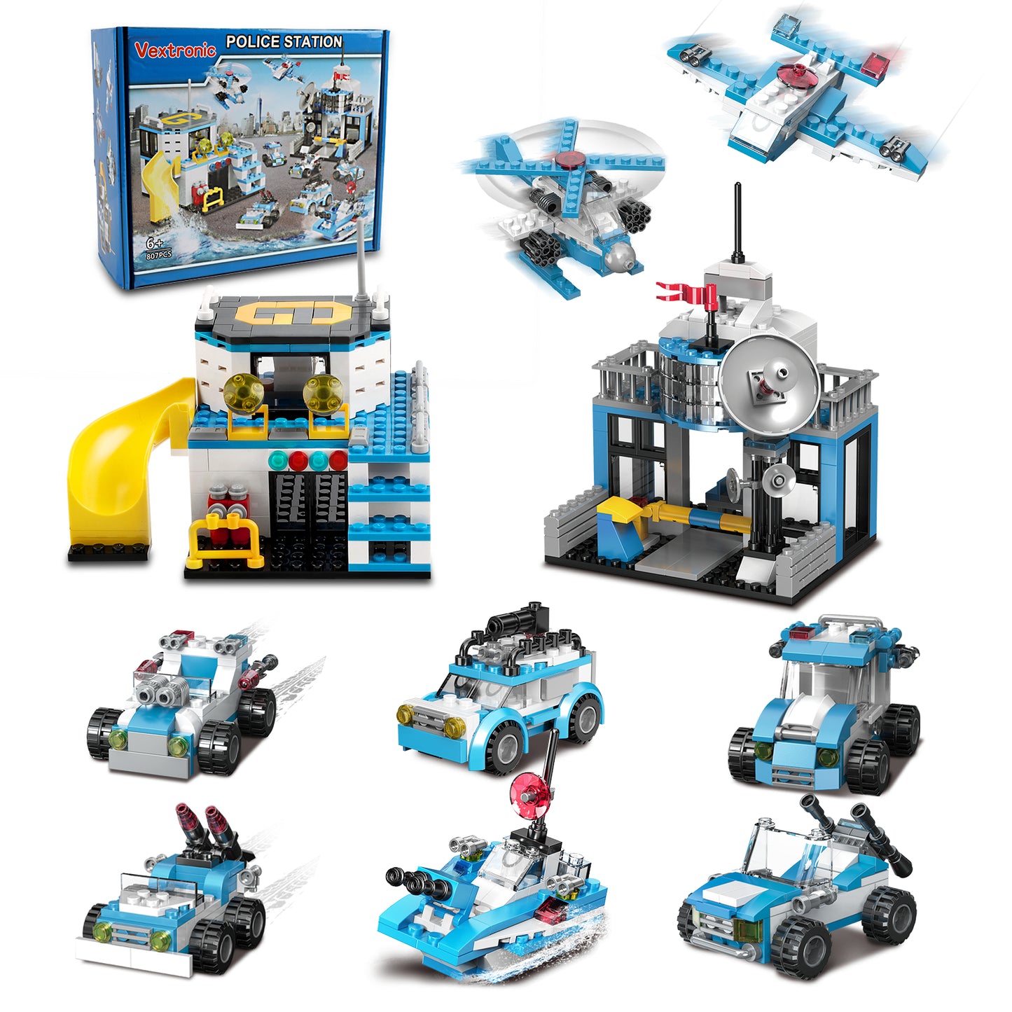 Vextronic City Police Station Building Blocks Sets, Police Building Toy Kit with Police Command Center Helicopter Patrol Boat (807 PCS), STEM Construction Toys Gift for Boys and Girls Aged 6+