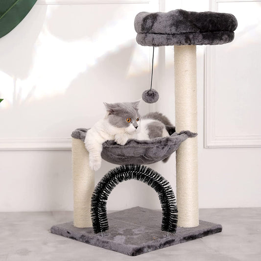 27.8 INCHES cat Tower for Indoor Cats, Multi-Level Cat Tree with Scratching Posts Plush Basket & Perch for Play Rest, Cat Activity Tree with Dangling Ball for Kittens/ Small Cats