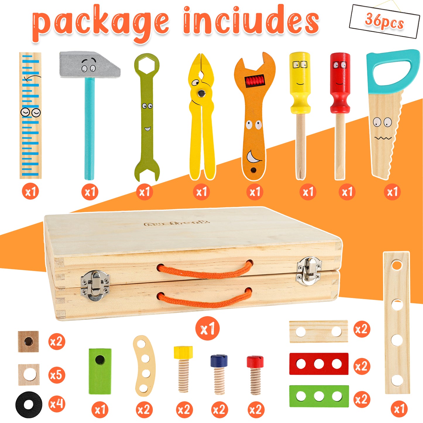 Awefrank Tool Kit for Kids, 37 pcs Wooden Toddler Tools Set Includes Tool Box & Stickers, Montessori Educational Stem Construction Toys