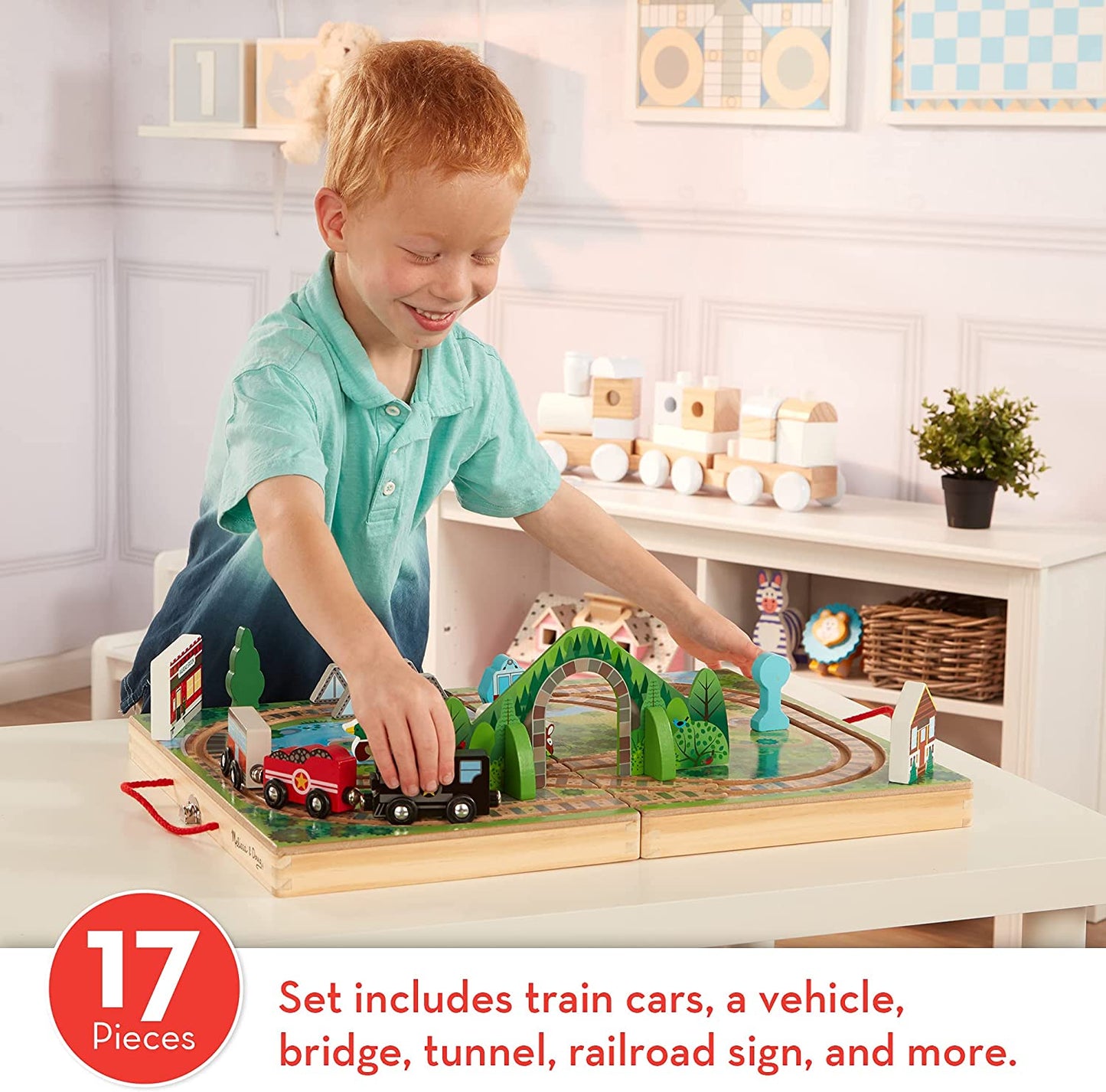 17-Piece Wooden Take-Along Tabletop Railroad, 3 Trains, Truck, Play Pieces, Bridge - Wooden Train Sets For Kids Ages 3+