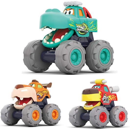 3 Pack Friction Powered Cars Pull Back Toy Cars Set - Bull Truck, Leopard Truck, Crocodile Trucks, Push and Go Toy Cars for Toddler Boys Baby Gift
