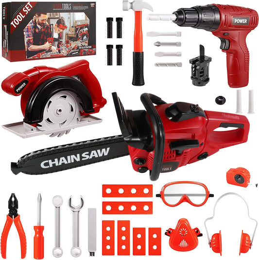 Vextronic Kids Tool Set 36 PCS with Toy Chainsaw Electronic Toy Drill with Sound and Light, Pretend Play Kids Tool Box Construction Toy, Great Toy Tool Set for Toddlers Boys Girls Ages 3+