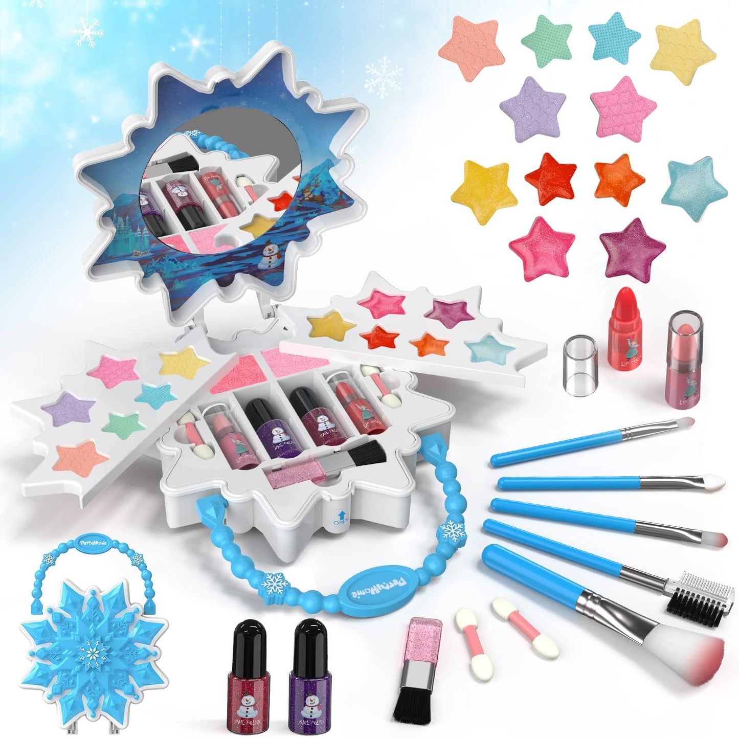 Onekey Kids Makeup Kit for Girl 28 Pcs Washable Real Makeup Set, Princess Frozen Toys for Girls, Safe & Non-Toxic Toddler Makeup Kit, Little Girls Makeup Kit for Kids Aged 5-12 Birthday Gift