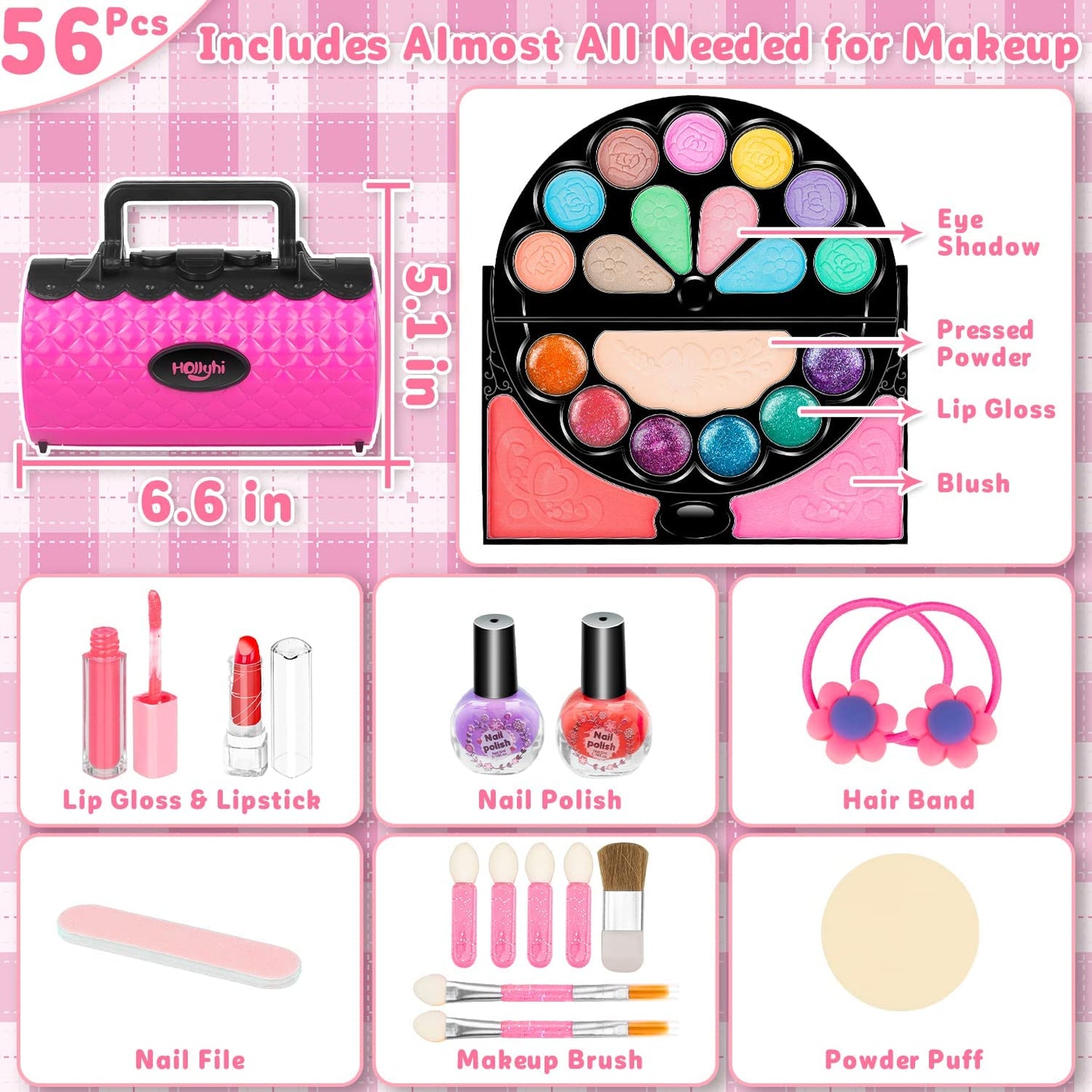 56 Pcs Real Kids Makeup Kit for Girls, Washable Pretend Play Makeup Toy Set with Cosmetic Case for Girl, Toddler Make up Toys Birthday for Kids 3 4 5 6 7 8 9 10 11 12 Years Old