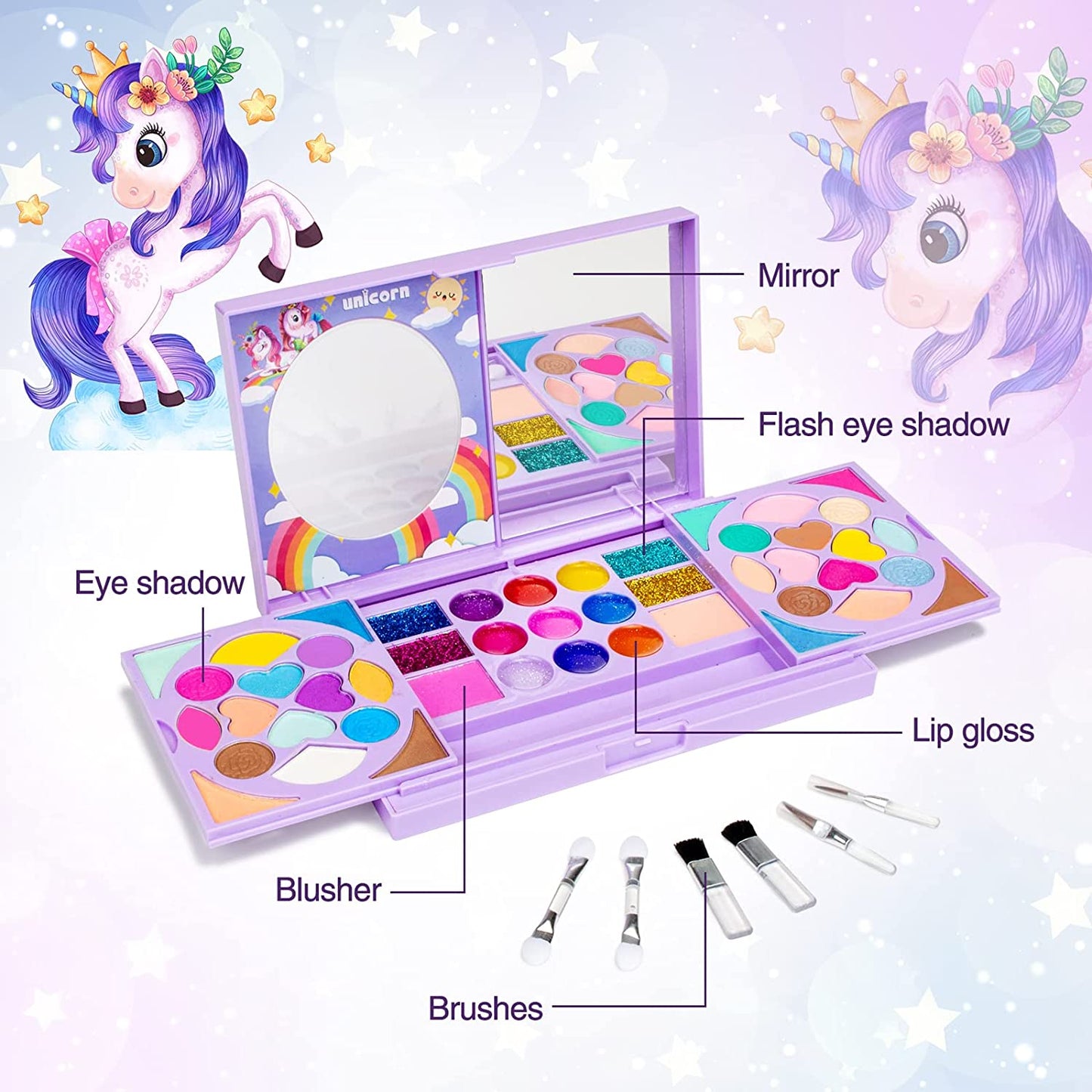 Kids Washable Makeup Kit, Fold Out Makeup Palette with Mirror, Make Up Toy Gifts for Girls - Safety Tested- Non Toxic