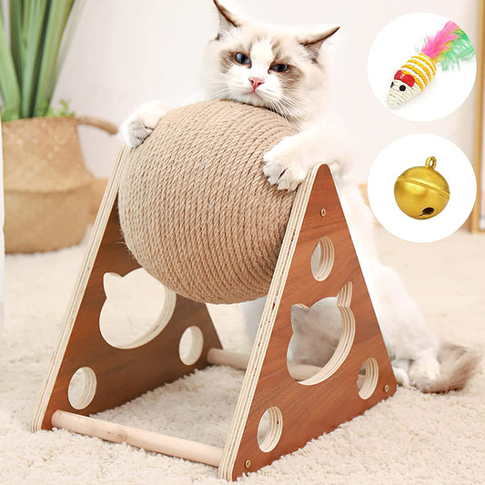 Cat Scratcher Toy, New Upgraded Natural Sisal Cat Scratching Ball Built-in Bell,Cat Scratching Stuff for Cats & Kittens, Interactive Solid Wood Scratcher Indoor Cats Toy for Small Medium