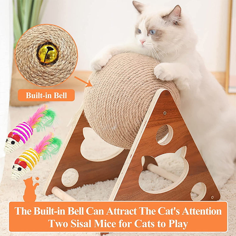 Cat Scratcher Toy, New Upgraded Natural Sisal Cat Scratching Ball Built-in Bell,Cat Scratching Stuff for Cats & Kittens, Interactive Solid Wood Scratcher Indoor Cats Toy for Small Medium