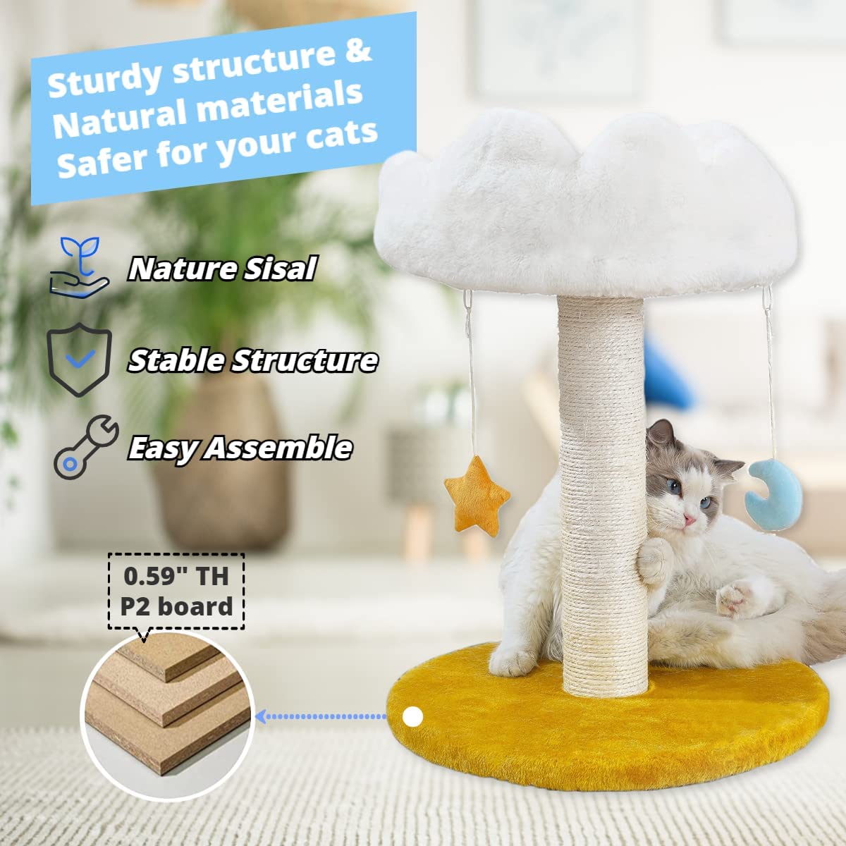Cat Tree for Indoor Cats, Nature Sisal Cat Scratcher with Cat Cozy Perch for Kitten & Adult Cats, Small Cat Tower with Balls, Stable Cat Stand