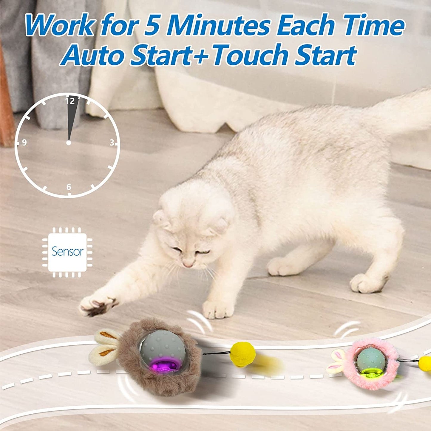 Smart Interactive Cat Toys - Automatic Cat Toys for Indoor Cats, USB Rechargeable Cat Ball Toys with LED Lights, Electric Cat Mice Toys, Auto On/Off