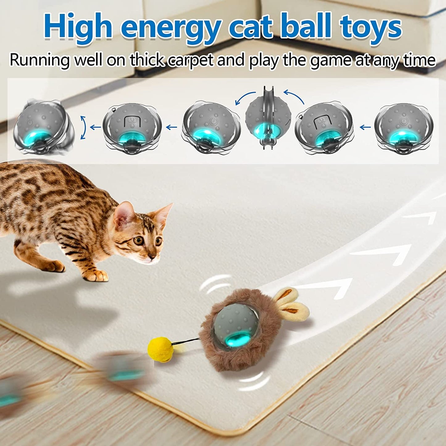 Smart Interactive Cat Toys - Automatic Cat Toys for Indoor Cats, USB Rechargeable Cat Ball Toys with LED Lights, Electric Cat Mice Toys, Auto On/Off