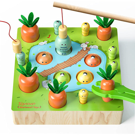 Toys for 1 2 3 Year Old Boys Girls, Wooden Developmental Toys for Baby Carrot Harvest Game Magnetic Fishing Catching Worm Toddler Preschool Shape Sorting Matching Toys Gifts for Birthday