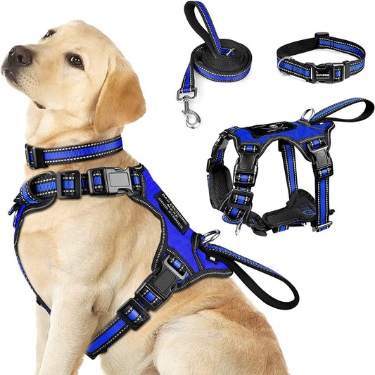 Caando Pet Harness Collar and Leash Set, All-in-one Reflective Dog Harness No Pull with Adjustable Buckles for Puppies, Small, Medium, Large, and Extra-Large Dogs