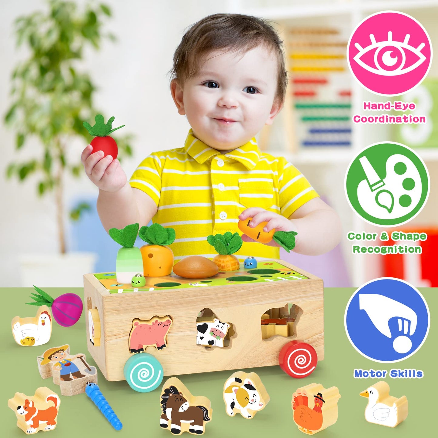 Onekey Wooden Montessori Toys for Toddlers Girl and Boy, Wooden Farm Animals Toys Gifts for Toddlers Age 2 3 4 Year Old, Wood Educational Shape Sorter Toys for Kids 1-3 Learning Fine Motor Skills